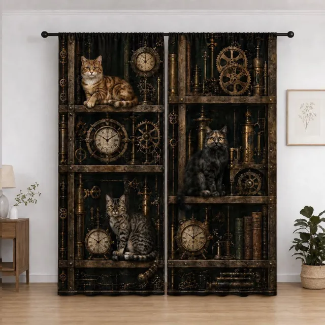 KCVV Gordijnen met Katten - 2 Stuks - Katten, Klokken en Tandwielen - Raamgordijnen voor Woonkamer en Slaapkamer - 132 x 213 cm Multi