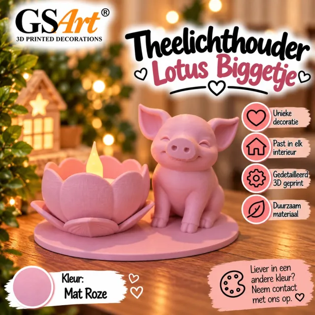 GSArt Theelichthouder Lotus Biggetje – Inclusief LED Theelichtje – 3D Geprint - Mat Roze