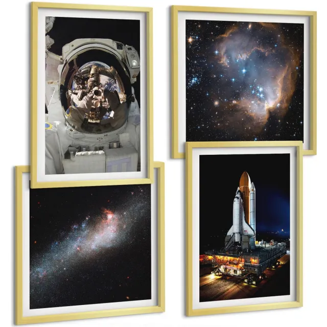 TULUP 4-Delige Schilderij Set - Foto's van astronauten die op de maan landen - 40 x 40 cm en 40 x 60 cm - Muurdecoratie - Schilderijen Set - Woonkamer Gouden lijst