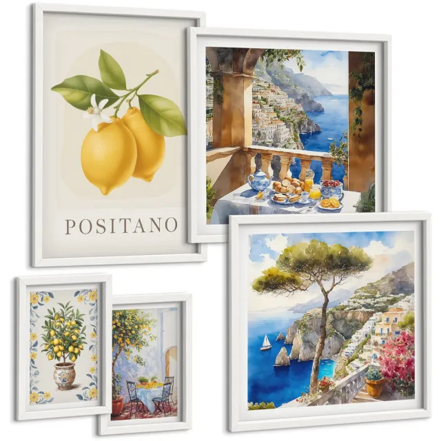 Coloray 5-Delige Schilderij Set - Citrusaccenten Met Mediterrane Invloed En Uitzicht Op Zee - 50 x 50 cm, 20 x 30 cm En 40 x 60 cm - Muurdecoratie - Wanddecoratie - Slaapkamer Witte lijst