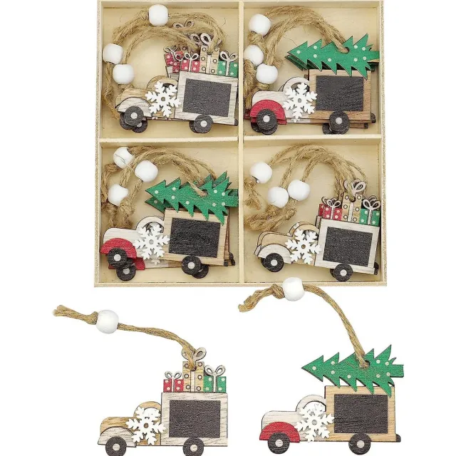 Winkrs Kerstdecoratie houten kerstboomhangers met Auto's met Kerstboom & Kerstcadeautjes - 12x Ornamenten van hout Houten auto's met kerstboom