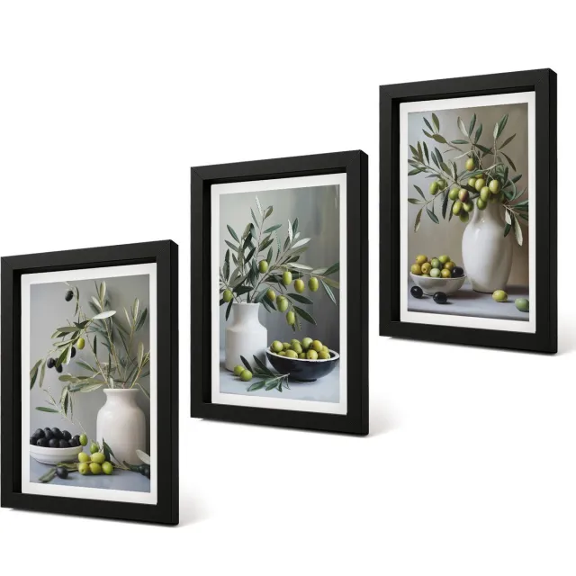 Coloray 4-Delige Schilderij Set - Olijven in vazen ​​met takken op een grijze achtergrond - 20 x 30 cm - Stijlvolle Muurdecoratie - Kantoor - Woonkamer Decoratie Zwarte lijst