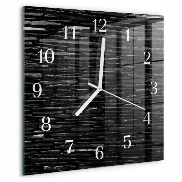 TULUP Wandklok - Stenen Klok Glas Met Opdruk - 30x30 cm - Zwart Moderne Wandklok Glas - Witte Handen - Vierkante Wandklok - Wandklok Glas Decoratie - Gekleurde Glazen Klok Zwart - Stenen