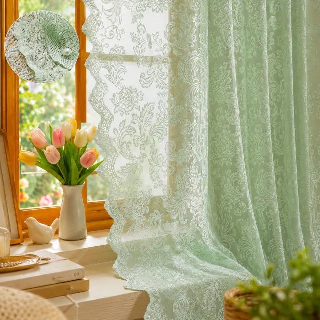 MUPOO Vitrages Kant en Klaar - Mintgroene Kanten Vitrage Gordijnen met Bloemenmotief - Lichtdoorlatend &Luchtig -Voile Gordijnen met Tunnelzoom voor Slaapkamer/Woonkamer - 140 x 245 cm-1 stuk Mintgroen-1 stuk