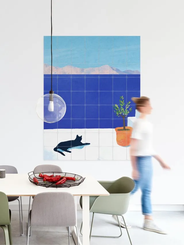 IXXI Cat Siesta, Henry Rivers - 80 x 100 cm - Grote wanddecoratie en posters - Illustraties, Speels, Digitale Kunst, Grafisch Ontwerp, Minimalisme Groen / Wit / Blauw