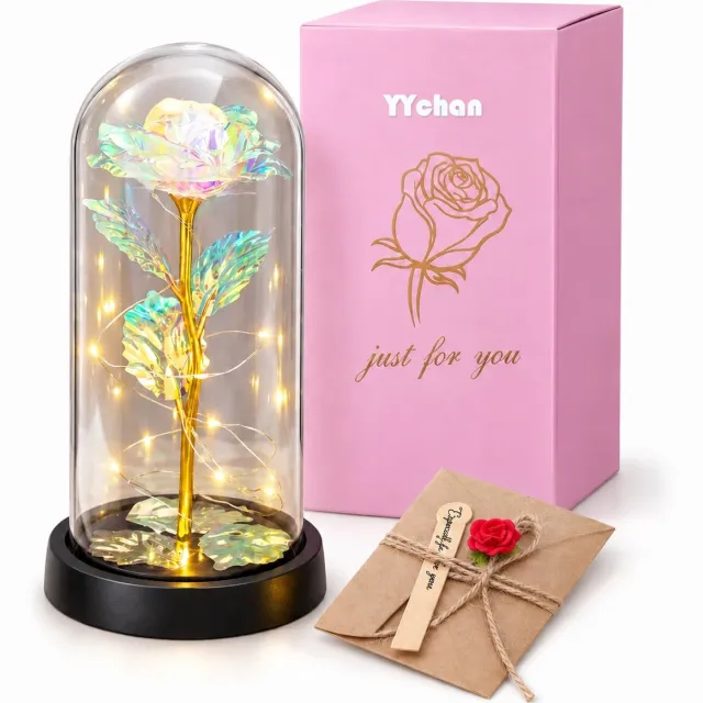 YYchan Eeuwige Roos in Stolp met LED Verlichting - Goudkleurige Kunstroos in Glazen Stolp - Romantisch Cadeau - Inclusief Geschenkdoos en Wenskaart