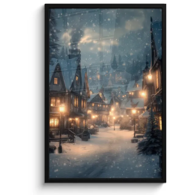 FrameYourWall Poster in lijst - Fotolijst 60x90 cm - Posters - Winterdorp - Sneeuw - Donker - Posterlijst zwart - Decoratie - Wanddecoratie woonkamer - Muurdecoratie slaapkamer