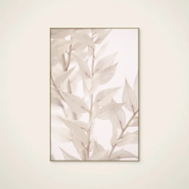 HelloWalls Akoestisch schilderij - 60 x 90 cm - Delicate White Leaves van Pictufy Studio III - Abstracte wanddecoratie - goud textielframe Meerkleurig