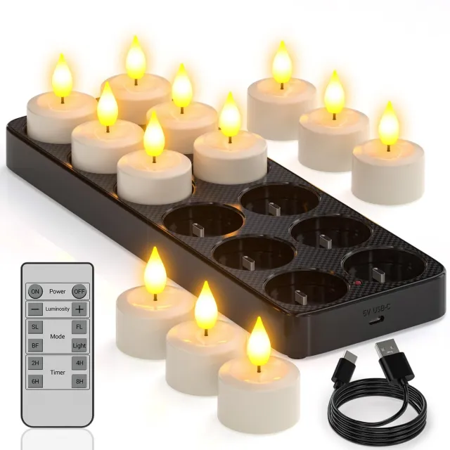 Unyqoos Set van 12 oplaadbare LED-theelichtjes met flikkerende vlam en afstandsbediening zwart wit