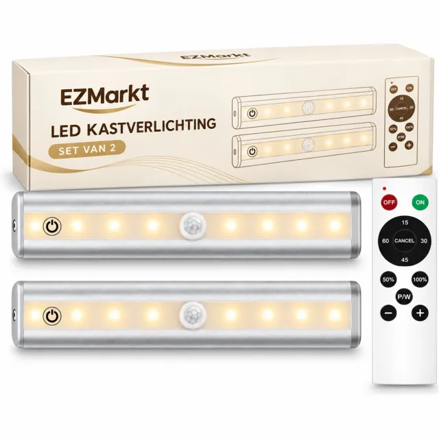 EZMarkt Oplaadbare LED Kastverlichting - 2 Stuks - 20 cm - Afstandsbediening - Dimbaar - 3 Lichtkleuren - Magnetisch - USB-C - Timer - Zilver