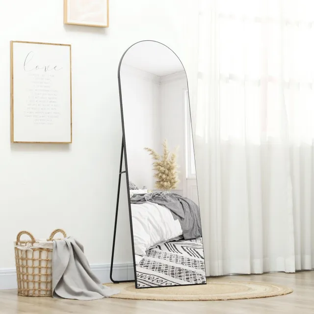 MIVRAY Passpiegel – 150 x 50 cm – Met Inklapbare Standaard – Glas – Zwart – Staand, Leunend Of Aan De Wand – Boogvorm Met Veiligheidsfolie