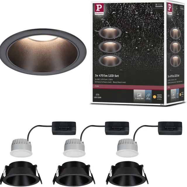 Paulmann LED-inbouwlamp 3-Step-Dim Cole Coin Set van 3 IP44 rond 88 mm Coin 3x6W 3x470lm 230V dimbaar 2700K Zwart