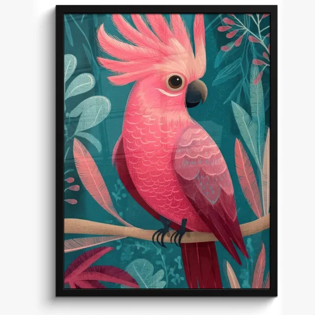 FrameYourWall Poster in lijst - Fotolijst 50x70 cm - Posters - Kaketoe - Tropische bladeren - Tak - Posterlijst zwart - Decoratie - Wanddecoratie woonkamer - Muurdecoratie slaapkamer