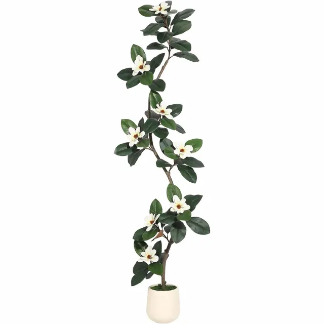 Happiq Kunst Rubberboom met Magnolia Bloemen 213cm - S-Vormig Realistisch design - Groen Kunststof met Witte Pot - Zwart
