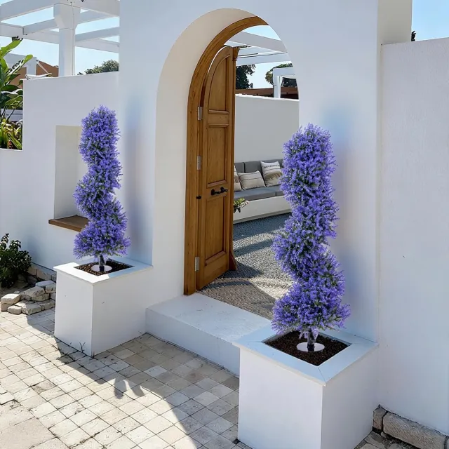 Triumpunpre Set van 2 Kunstmatige Lavendelbomen met Grondpen – Spiraal Topiary met Paarse Bloemen – Kunstplant voor Buiten 90 cm – Onderhoudsvrij – Tuin, Terras & Entree 90*25 cm