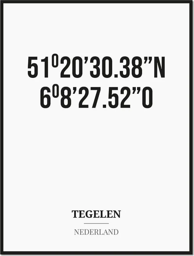 Studio216 Poster/kaart TEGELEN met coördinaten zwart, wit
