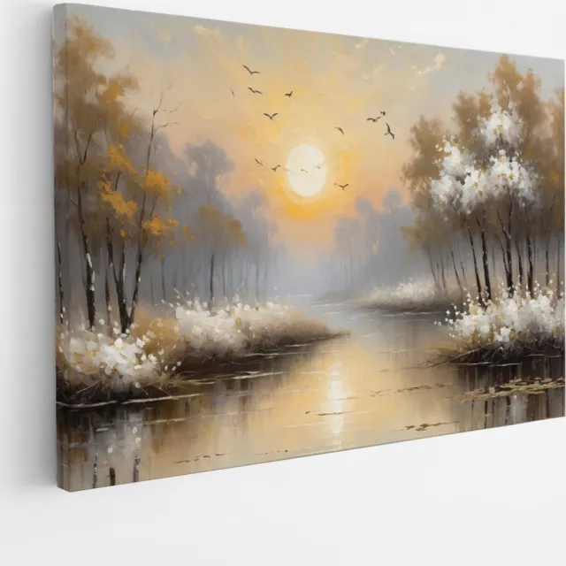 Saammp Canvas Schilderij - witte landschap met zon - Natuur - 45x30 - Foto op canvas - Wanddecoratie - Muurdecoratie Woonkamer - Slaapkamer decoratie - Canvas Print Multicolor