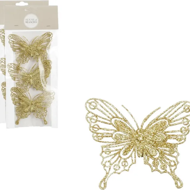 House of Seasons kerstboomversiering vlinders op clip - 3x st - goud - 10 cm Goudkleurig