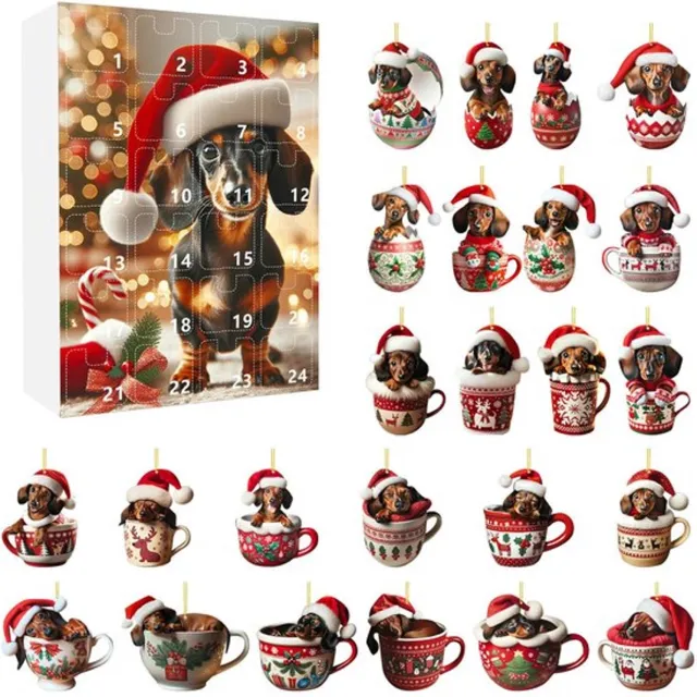 Pyreta adventskalender 2026 - adventskalender - Acryl Kerstboomhanger - Kerstboomdecoratie- 24-daagse Kerstadventskalender met Teckel Ornament-aftelkalender voor kers -Teckel kerst adventskalender 2026