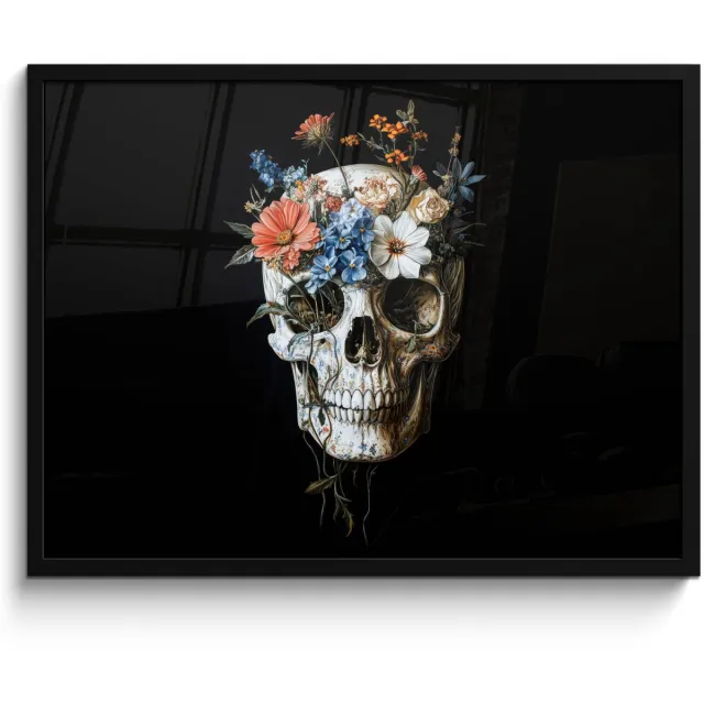 FrameYourWall Poster in lijst - Fotolijst 70x50 cm - Posters - Bloemen - Schedel - Kleurrijk - Posterlijst zwart - Decoratie - Wanddecoratie woonkamer - Muurdecoratie slaapkamer
