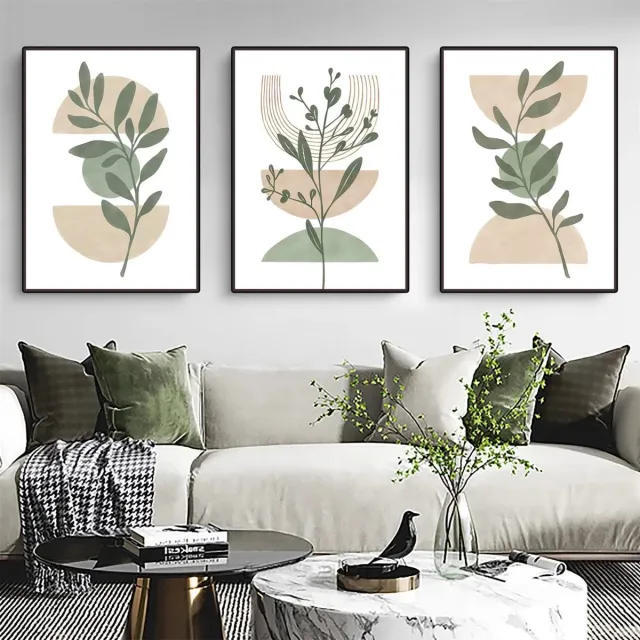 Ibenzoa Abstracte Canvas Kunst Posterset met Planten en Geometrische Ontwerpen voor Stijlvolle Interieurdecoratie groen
