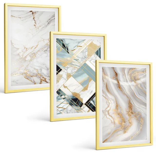 TULUP 4-Delige Schilderij Set - Elegante, modieuze abstracte marmerpatronen - 40 x 60 cm - Muurdecoratie - Wanddecoratie - Slaapkamer Gouden lijst