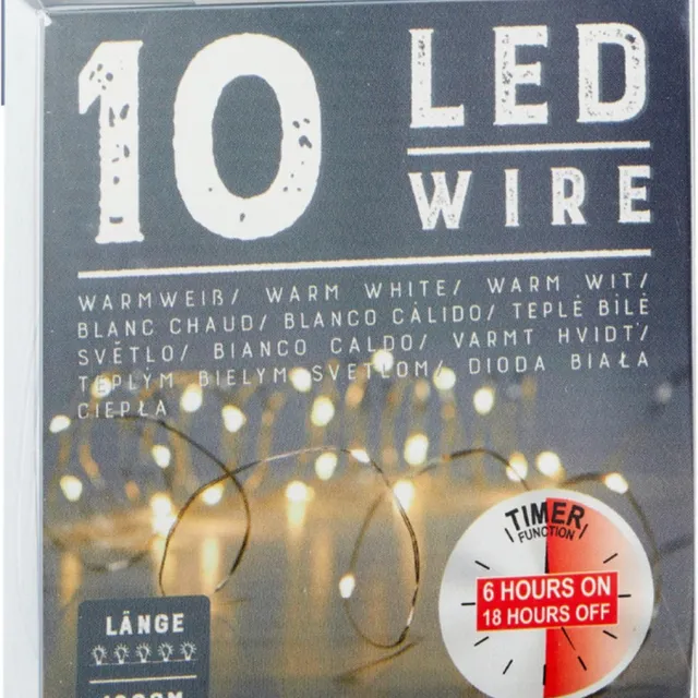 Cepewa Draadverlichting lichtsnoer - 120 cm - 10 leds - warm wit - batterij - timer - kerstverlichting/sfeerverlichting