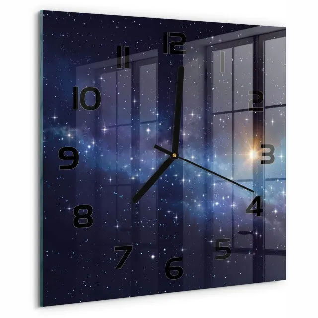TULUP Wandklok - Melkwegstelsel Glazen Wandklok Design - 30x30 cm - Blauw Klok Glas Met Opdruk - Zwarte handen - Vierkante Klok - Wandklok Glas Met Motief - Decoratieve Glazen Klok