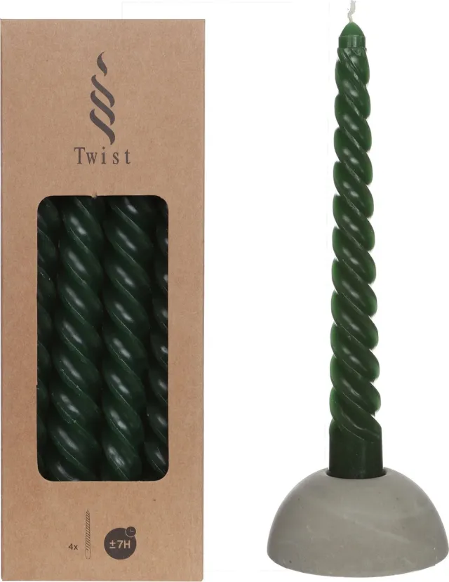 twist gedraaide kaars - Mosgroen - 19 cm hoog, doorsnee 2,2 cm