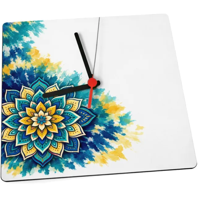 Mr Cadeautjes Klok 19 x 19 - design Een grote, centrale zonnebloemmandala op een zachte aquarelw | cadeau Wit