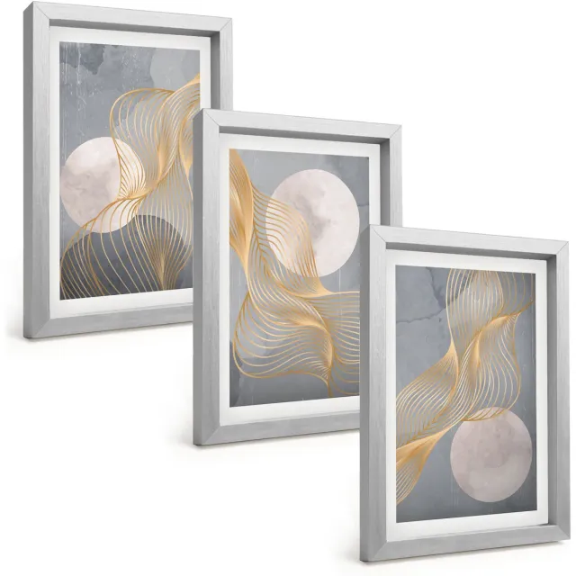 TULUP 4-Delige Schilderij Set - Abstracte patronen met golven en cirkels op een grijze achtergrond. - 20 x 30 cm - Decoratieve Schilderijen - Wanddecoratie - Hal Zilveren lijst