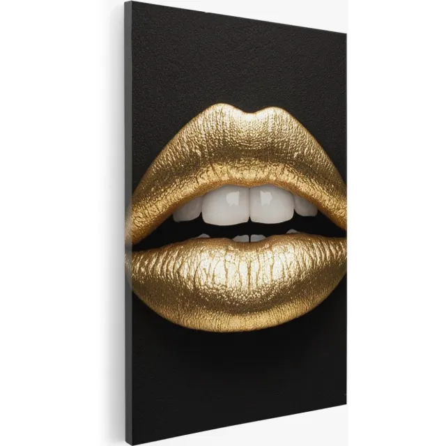 Saammp Canvas Schilderij - Abstract - Goude Lippen - 100x150 - Foto op canvas - Wanddecoratie - Muurdecoratie Woonkamer - Slaapkamer decoratie - Canvas Print Multicolor