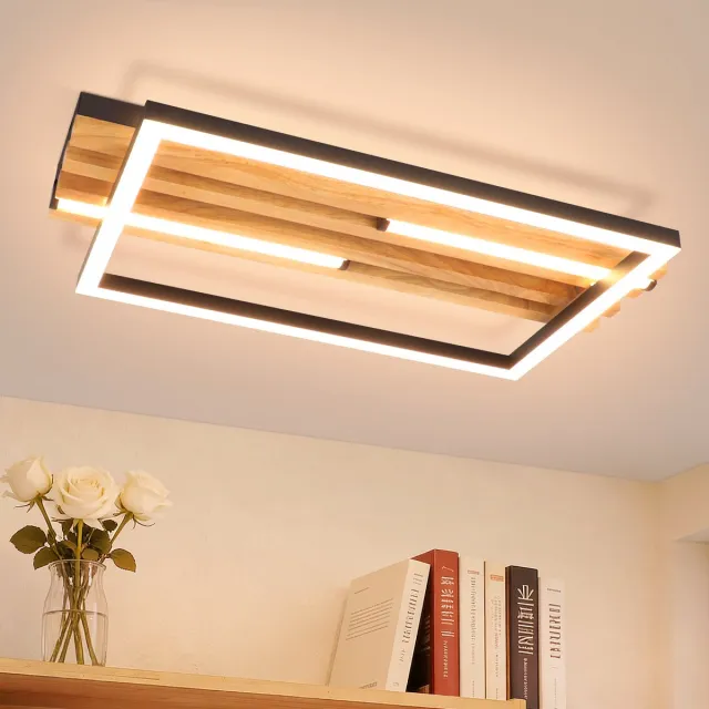 NETTLIFE LED Plafondlamp Hout - 38cm Modern 24W 3000K Zwart Rechthoekig Warmwit Design - Voor Slaapkamer Keuken Woonkamer Gang Kantoor & Eetkamer - Zonder Lampen houtkleur