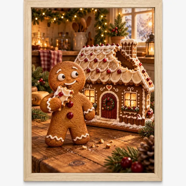 Joshimo Peperkoekmannetje Kerstposter | Snoepen van Zijn Huisje | Inclusief Lichtbruine A4 Lijst