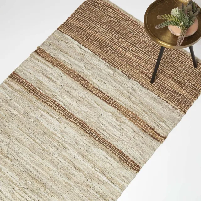 Homescapes leren tapijt beige-bruine strepen 160 x 230 cm - tapijt gemaakt van gerecycled leer Bruin-Beige