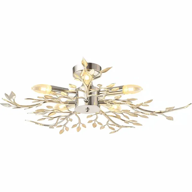 Globo Lighting Plafondlamp Bladlamp rond woonkamer chroom Plafondlamp, metalen acryl bladeren, fitting 5x E14, DxH 71x16 cm zilver