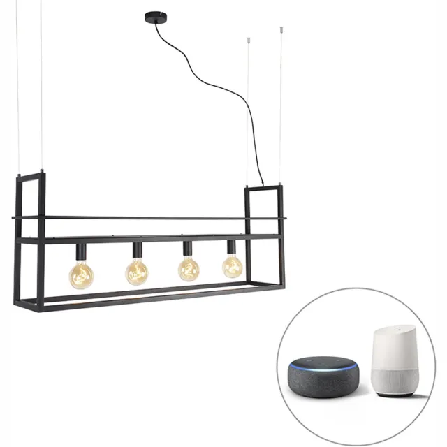 QAZQA cage rack - Industriele LED Smart Hanglamp eettafel incl. wifi voor boven de eettafel | in eetkamer - 4 lichts - L 118 cm - Zwart - Industrieel - Woonkamer | Slaapkamer | Keuken Zwart Smart LED
