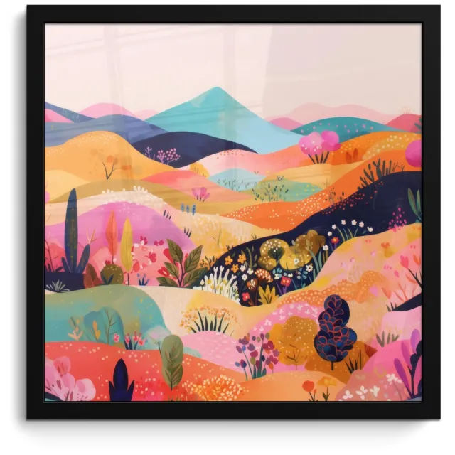 FrameYourWall Poster in lijst - Fotolijst 40x40 cm - Posters - Golvende heuvels - Abstracte planten - Dromerig - Posterlijst zwart - Decoratie - Wanddecoratie woonkamer - Muurdecoratie slaapkamer Heuvels - Kleurrijk