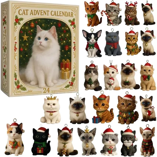 KZQ Katten Adventskalender 24 Dagen - Kerst Adventskalender met 24 Kattenfiguren en Hangers - 2D Acryl Katten Kerstornamenten voor Kerstboom - Kerstdecoratie en Aftelkalender voor Kattenliefhebbers Multicolor