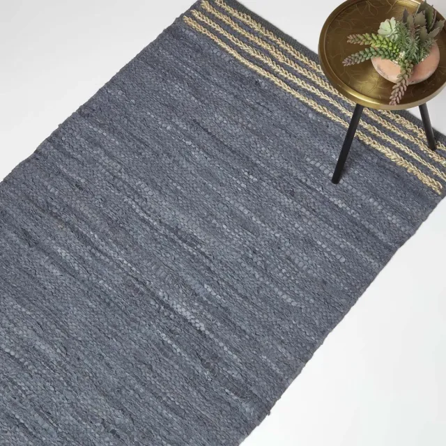 Homescapes leren tapijt grijs met strepen 120 x 170 cm - tapijt gemaakt van gerecycled leer