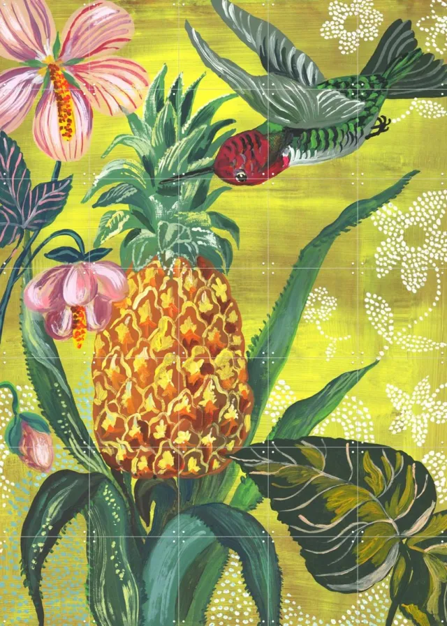 IXXI L'ananas et le Colibri, Nathalie Lété - 100 x 140 cm - Grote wanddecoratie en posters - Kleurrijk, Illustraties, Speels, Woonkamer, Zomer Geel