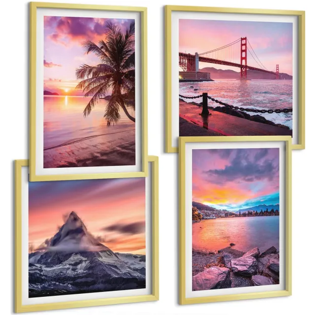 TULUP 4-Delige Schilderij Set - Zonsondergangen boven de brug en het waterlandschap - 40 x 40 cm en 40 x 60 cm - Decoratieve Muurdecoratie - Slaapkamer - Decoratieve Schilderijen Gouden lijst
