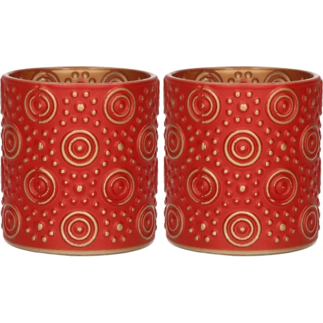 Countryfield Luxe theelichthouder - 2x stuks - Fantasy - glas - rood/goud - D7 x H8 cm