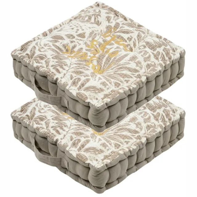 Stof Textile Vloerkussen Leaves - 2x - taupe/wit - katoen - 45 x 45 x 10 cm - vierkant - Extra dik - extra zitplaatsen - spelen - gamen - relaxen