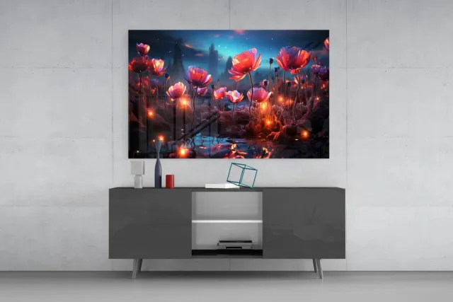 Insigne Art Glasschilderij – Bloemen bij Nacht – Sfeervolle Natuur – Moderne Wanddecoratie - 72x46 cm Rood