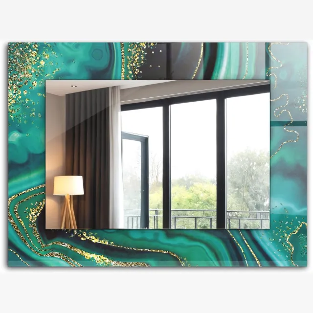 TULUP Spiegel - Vierkante Spiegel - Spiegel op gehard Glas - Abstract groene textuur - 80 x 60 cm - Stijlvolle spiegel met grafisch motief - Slaapkamerspiegel - Badkamerspiegel - Gang - Kleedkamer - Make-up Spiegel - Luxe Spiegel - Ophangsysteem
