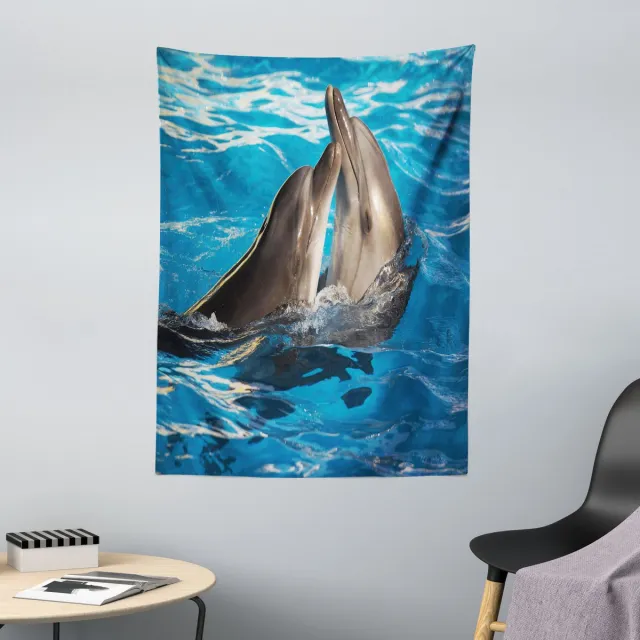 ABAKUHAUS Dolfijnen Wandtapijt en Sprei, Aqua Show Fotografie, 110 x 150 cm, Donkerblauw Taupe