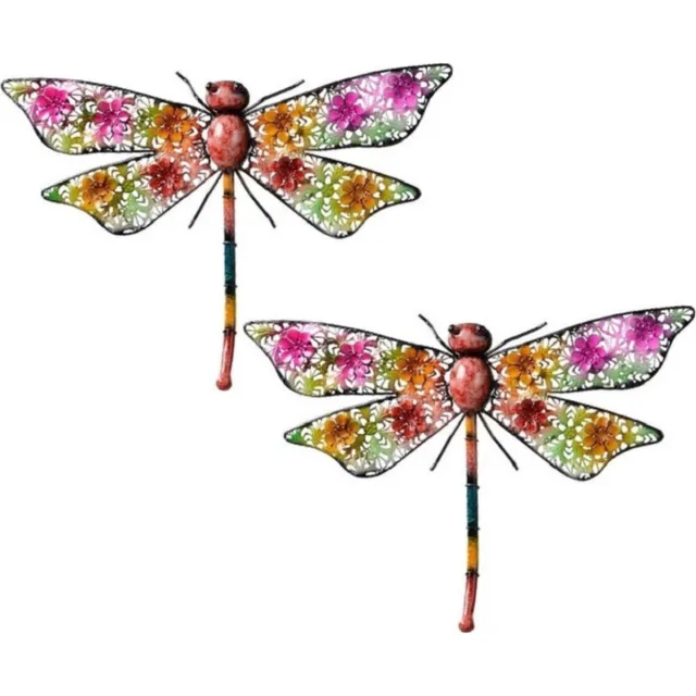 Decoris Tuinlibelle decoratie - 2x - multikleur - metaal - 29 x 47 x 4 cm - Tuindecoratie libelles - Dierenbeelden hangdecoraties