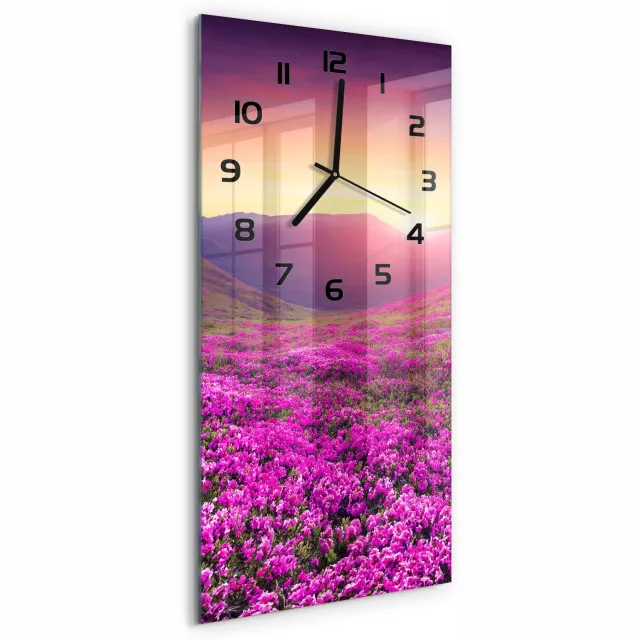 TULUP Wandklok - Rhododendrongebergte Wandklok Glas Decoratie - 30x60 cm - Roze Gekleurde Glazen Klok - Zwarte handen - Rechthoekige Klok - Klok Glas Met Opdruk - Moderne Wandklok Glas