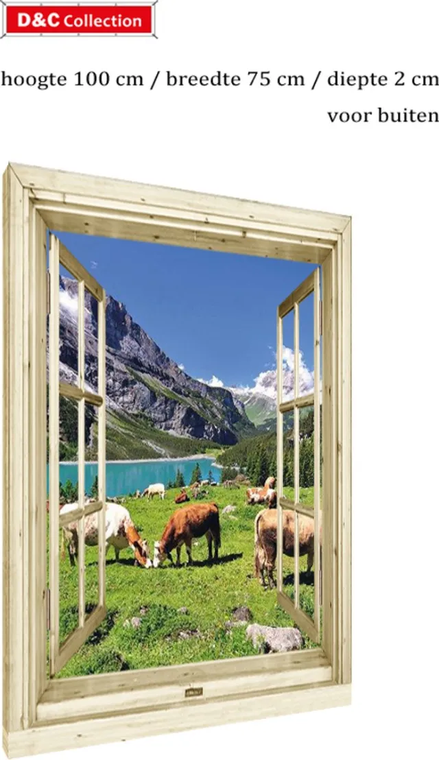 D&C Collection Tuinposter venster landschap opgespannen - 100x75x2 cm - tuindoek doorkijk nostalgisch venster - bergwei met koeien - landschap - bergen - weiland blauw groen wit